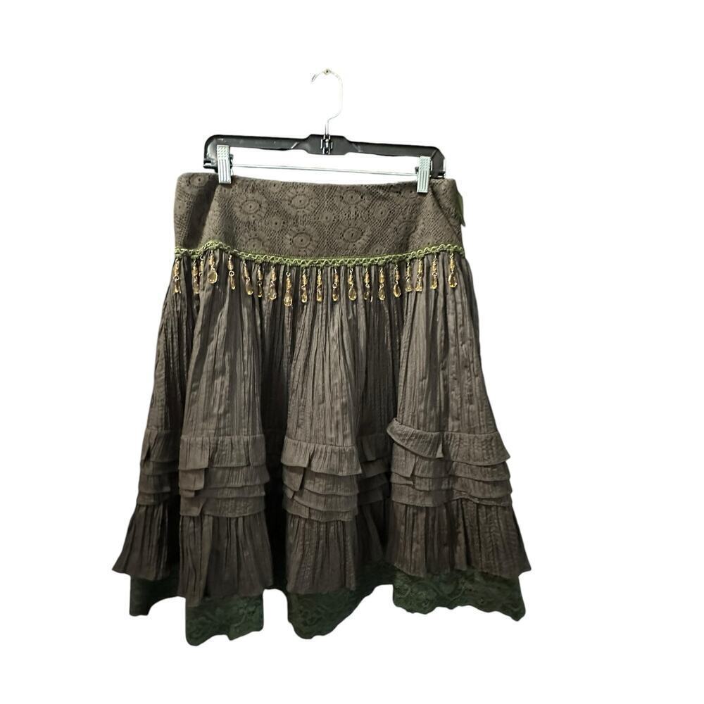 Cache Women's Green Cotton Blend Fringe Detail Midi Skirt Size 8 90s Y2K vintage